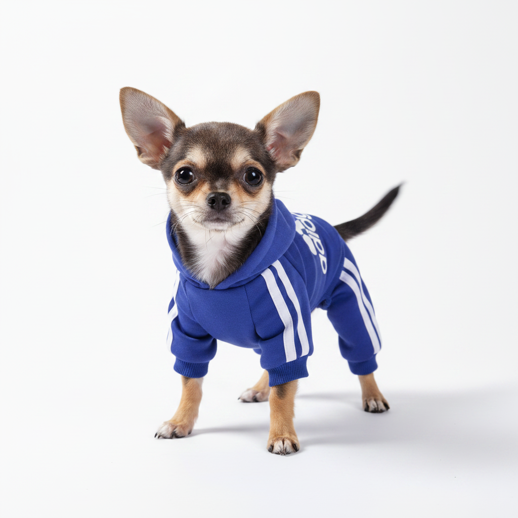 Chihuahua in blue adidog hoodie