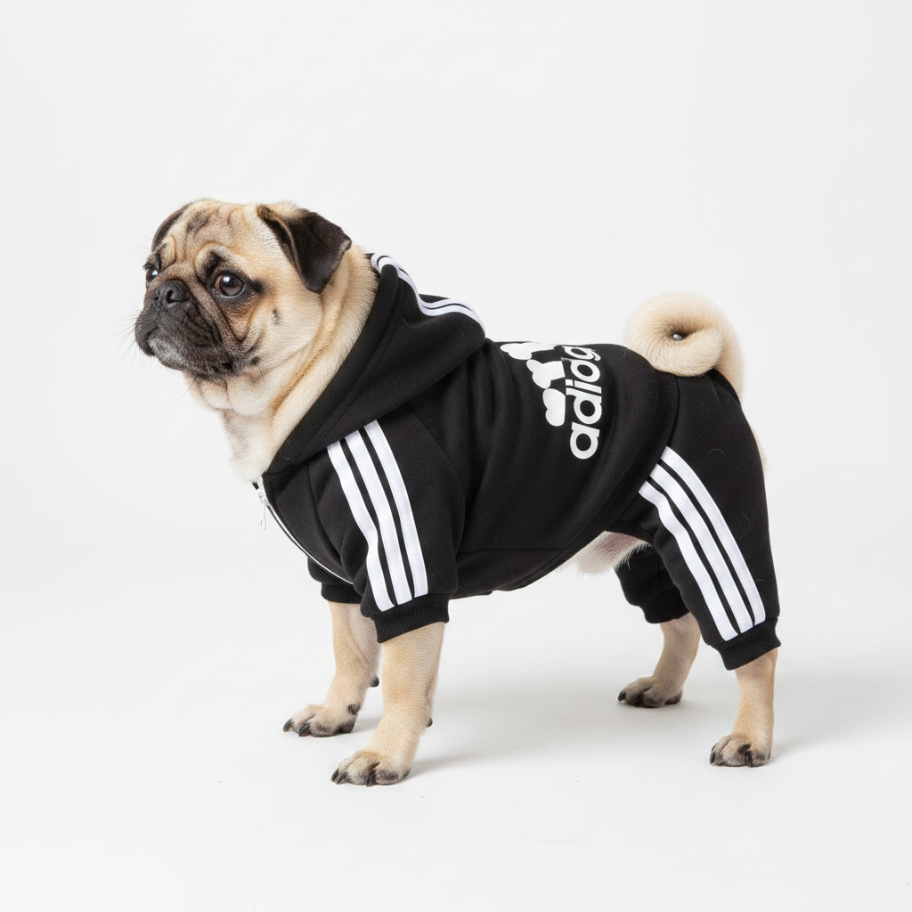Pug in black and white adidog hoodie - side profile