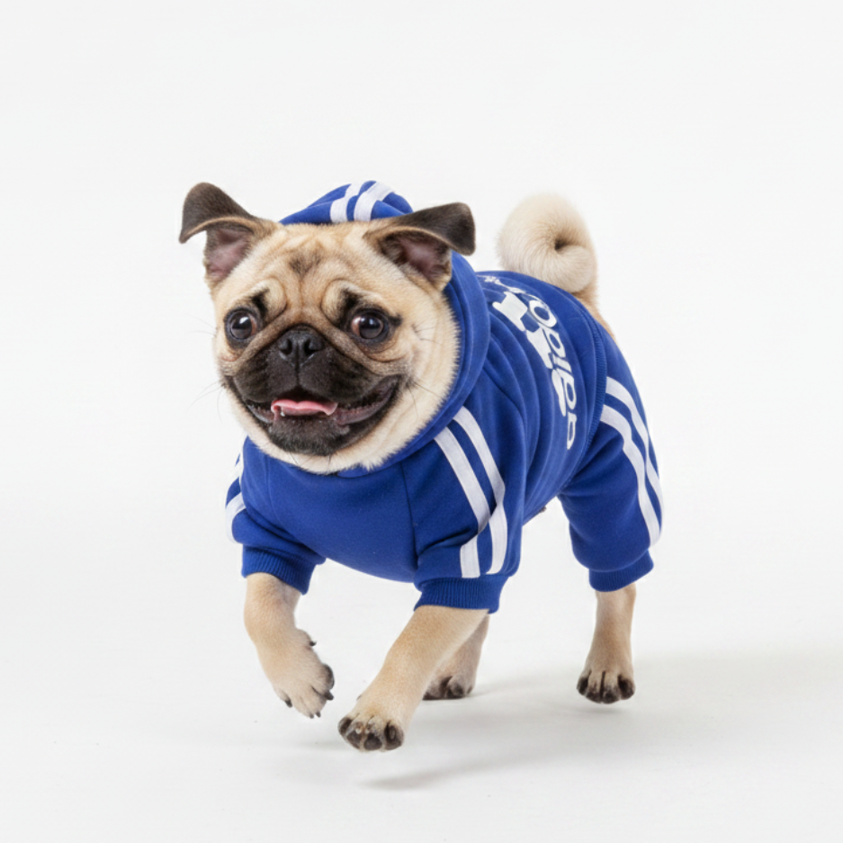 Pug in blue and white adidog hoodie - playful