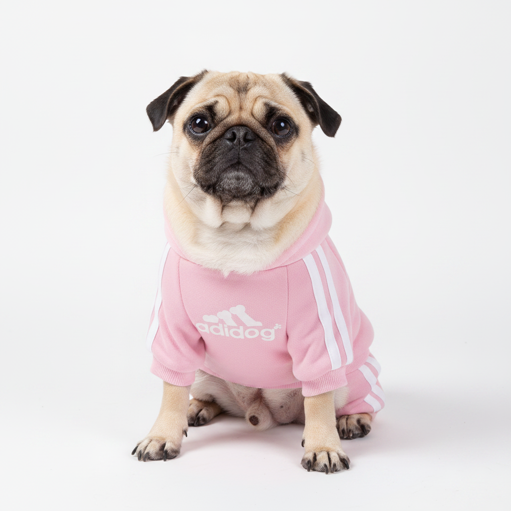Pug in pink and white adidog hoodie