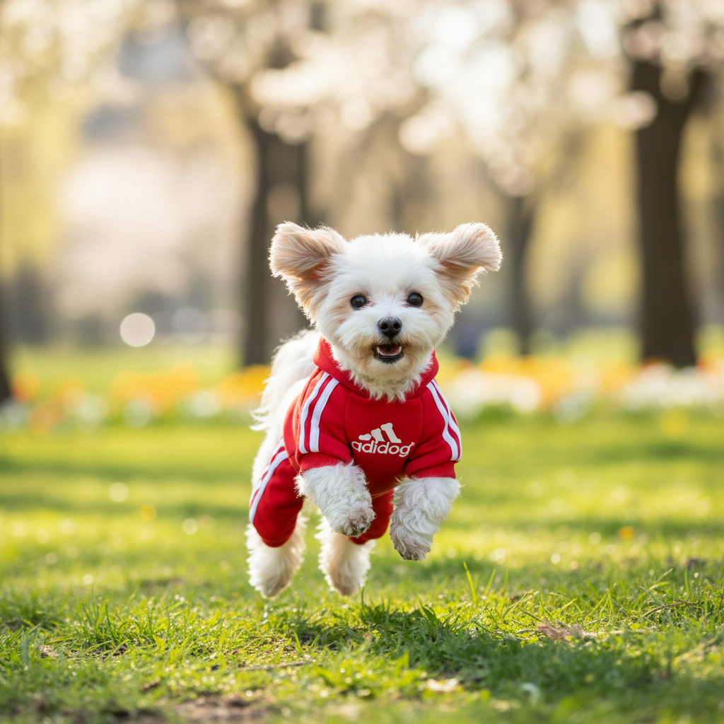 Small dog in red adidog hoodie - playful pose