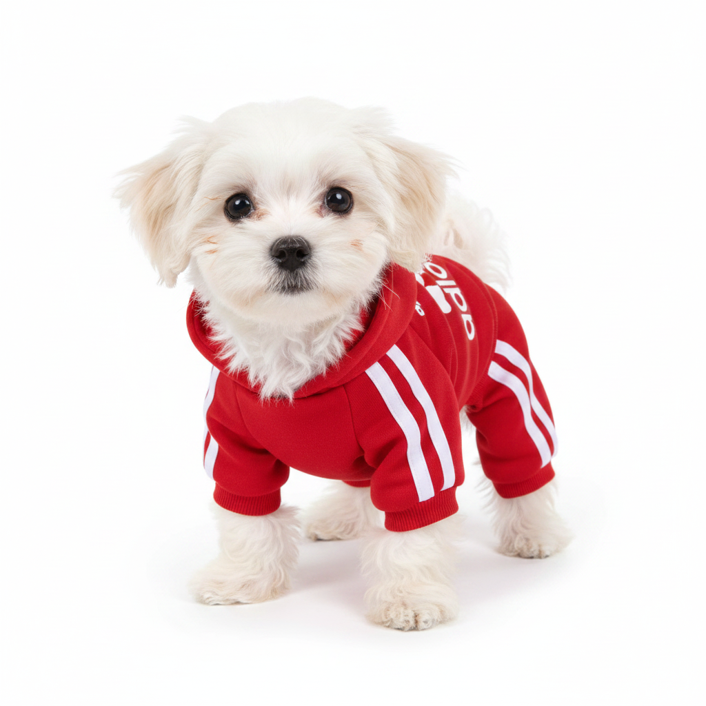 Small dog in red adidog hoodie - white background