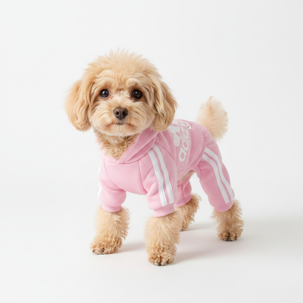 Toy poodle in pink adidog hoodie